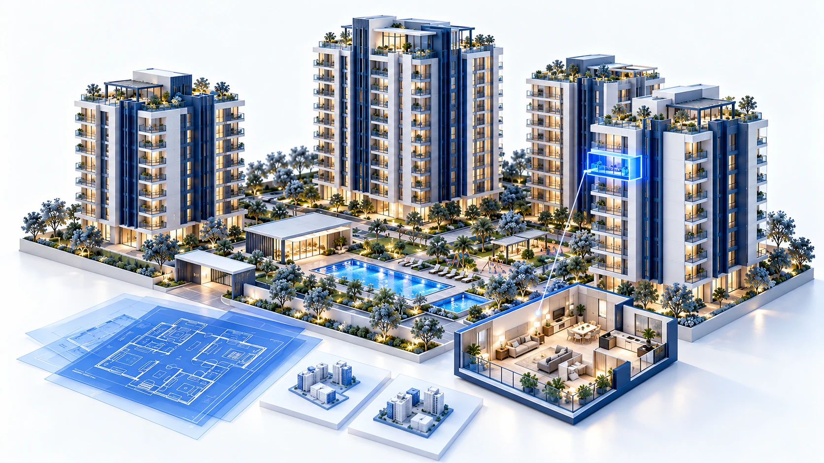 Architectural illustration of an apartment community, a highlighted home and a flat cutaway; no actual project or live match is shown.
